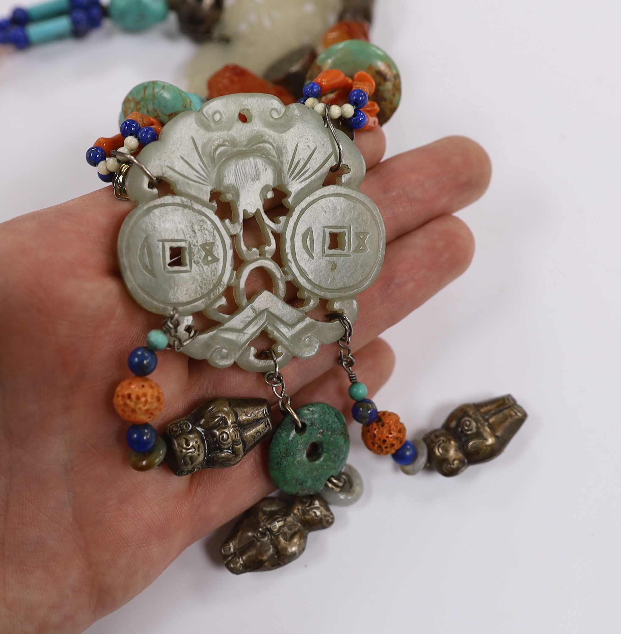 A Chinese jade and hardstone mounted necklace, in Kai Yin Lo style, including turquoise, coral and jade, 46cm long